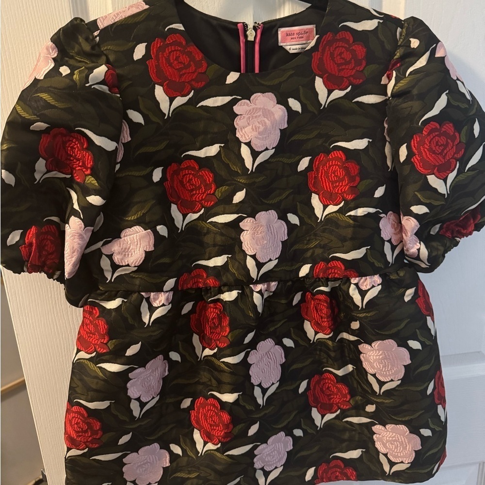 Kate Spade Floral Puff Sleeve Peplum Top - Red and Pink